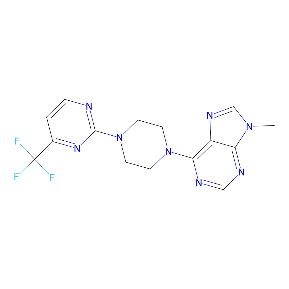 9-methyl-6-{4-[4-(trifluoromethyl)pyrimidin-2-yl]piperazin-1-yl}-9H-purine molecular structure, CAS 2741928-92-5