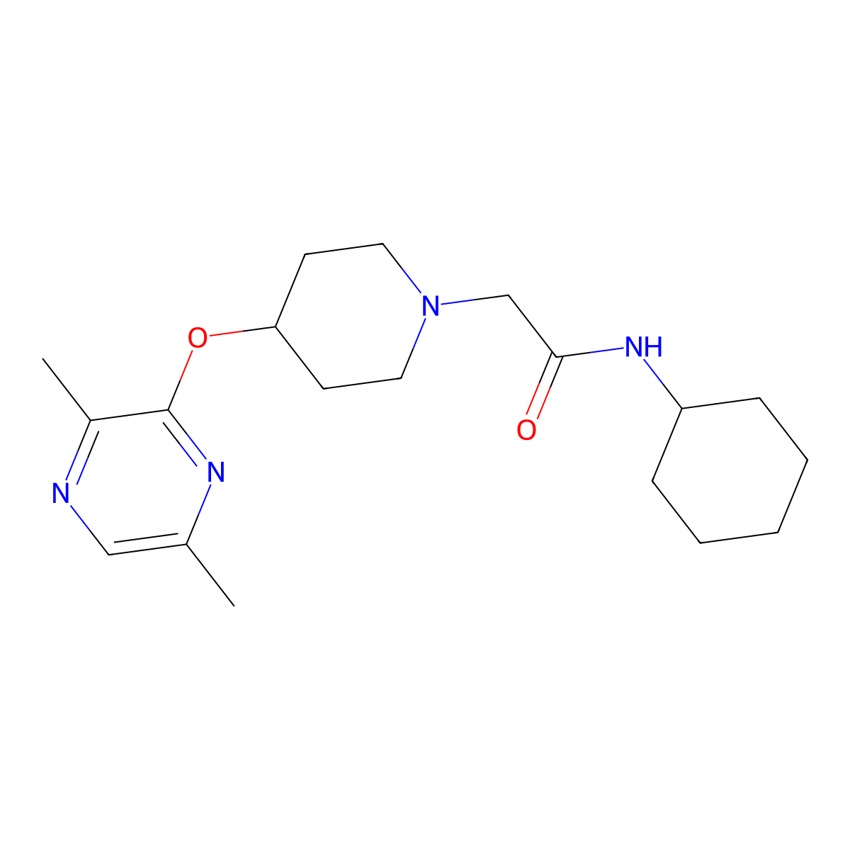 N-cyclohexyl-2-{4-[(3,6-dimethylpyrazin-2-yl)oxy]piperidin-1-yl}acetamide molecular structure, CAS 2741928-98-1