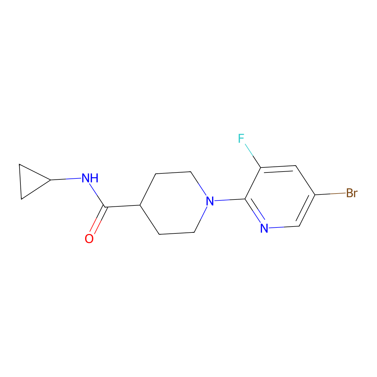 1-(5-bromo-3-fluoropyridin-2-yl)-N-cyclopropylpiperidine-4-carboxamide molecular structure, CAS 2741929-21-3