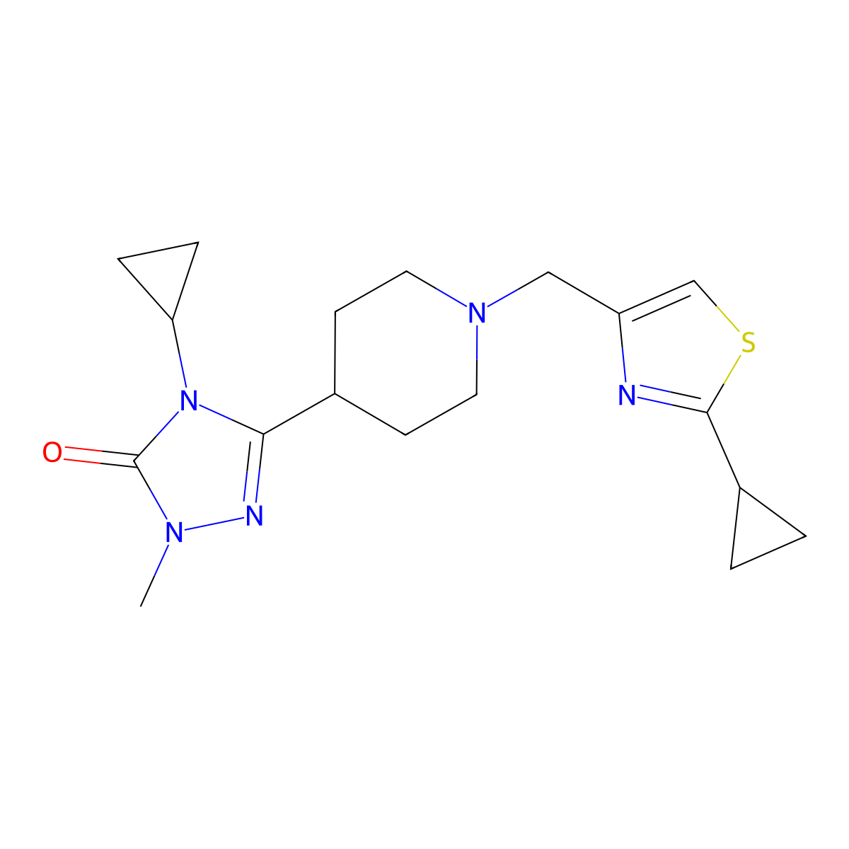4-cyclopropyl-3-{1-[(2-cyclopropyl-1,3-thiazol-4-yl)methyl]piperidin-4-yl}-1-methyl-4,5-dihydro-1H-1,2,4-triazol-5-one molecular structure, CAS 2741929-25-7
