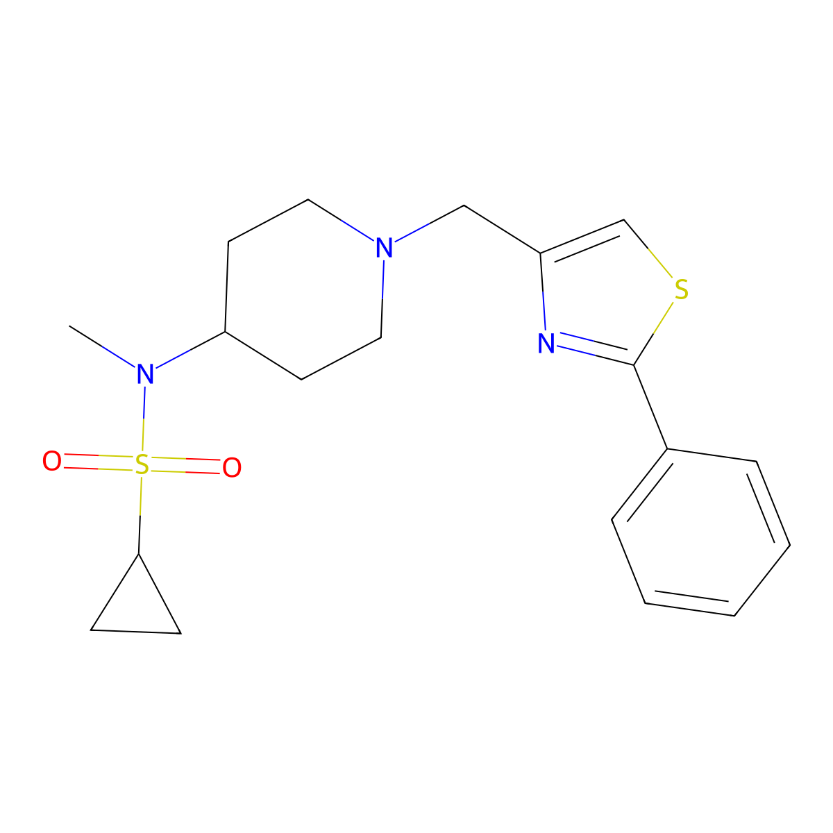 N-methyl-N-{1-[(2-phenyl-1,3-thiazol-4-yl)methyl]piperidin-4-yl}cyclopropanesulfonamide molecular structure, CAS 2741929-27-9