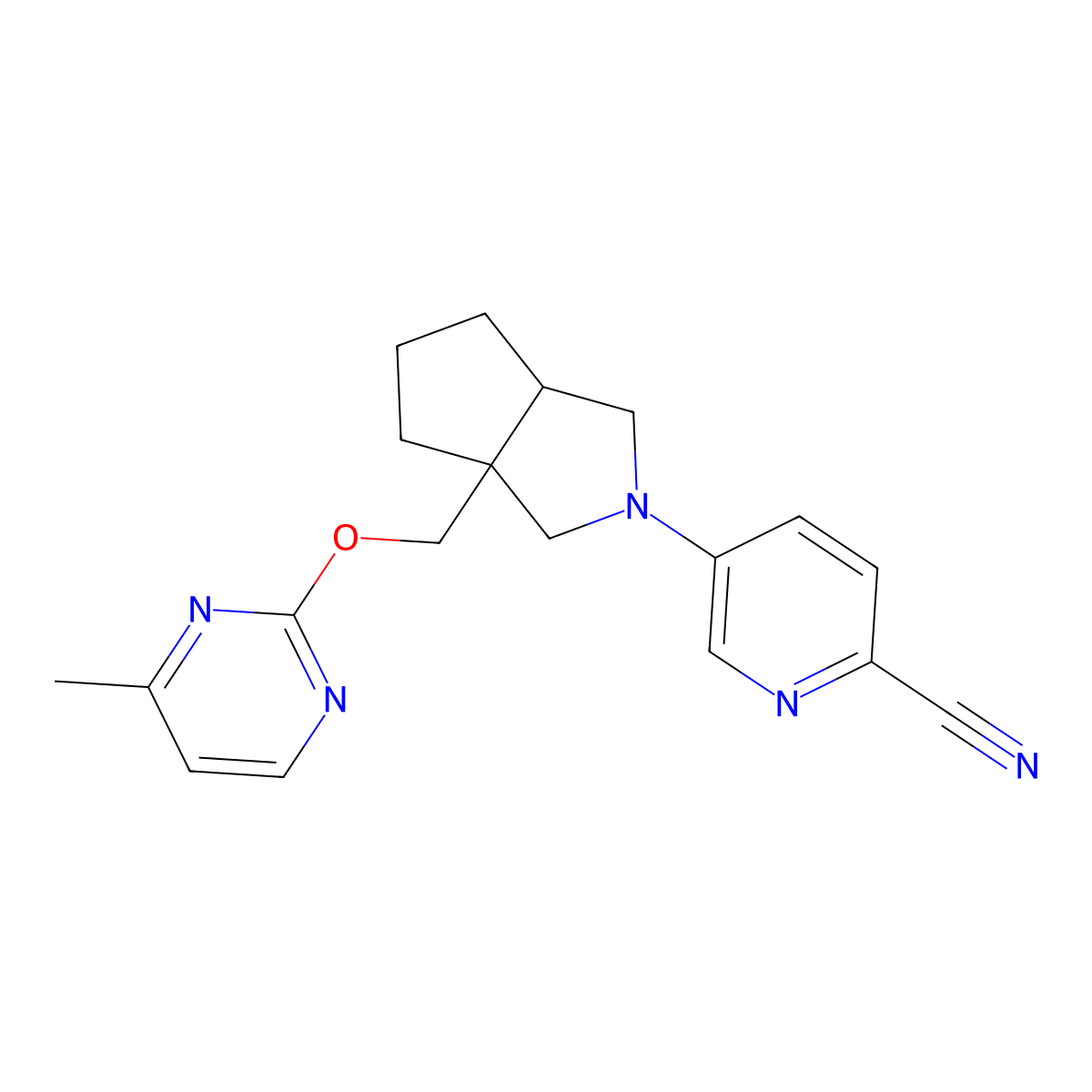 5-(3a-{[(4-Methylpyrimidin-2-yl)oxy]methyl}-octahydrocyclopenta[c]pyrrol-2-yl)pyridine-2-carbonitrile molecular structure, CAS 2741929-33-7
