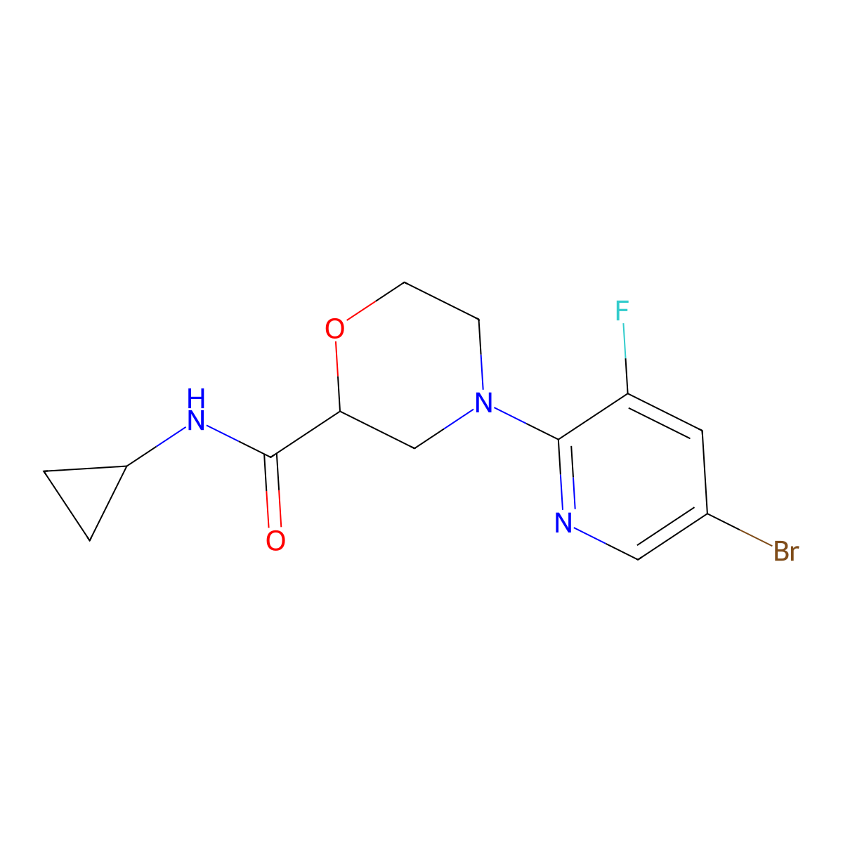 4-(5-bromo-3-fluoropyridin-2-yl)-N-cyclopropylmorpholine-2-carboxamide molecular structure, CAS 2741929-34-8