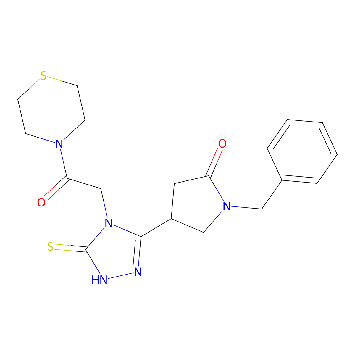 1-benzyl-4-{4-[2-oxo-2-(thiomorpholin-4-yl)ethyl]-5-sulfanylidene-4,5-dihydro-1H-1,2,4-triazol-3-yl}pyrrolidin-2-one molecular structure, CAS 2741929-38-2