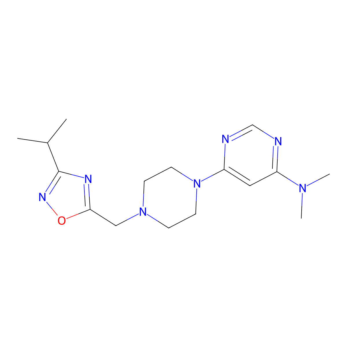 N,N-dimethyl-6-(4-{[3-(propan-2-yl)-1,2,4-oxadiazol-5-yl]methyl}piperazin-1-yl)pyrimidin-4-amine molecular structure, CAS 2741929-39-3