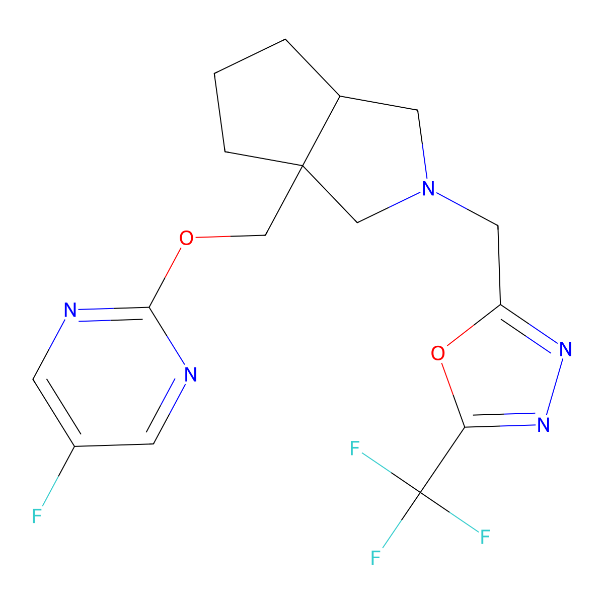 5-Fluoro-2-[(2-{[5-(trifluoromethyl)-1,3,4-oxadiazol-2-yl]methyl}-octahydrocyclopenta[c]pyrrol-3a-yl)methoxy]pyrimidine molecular structure, CAS 2741929-43-9