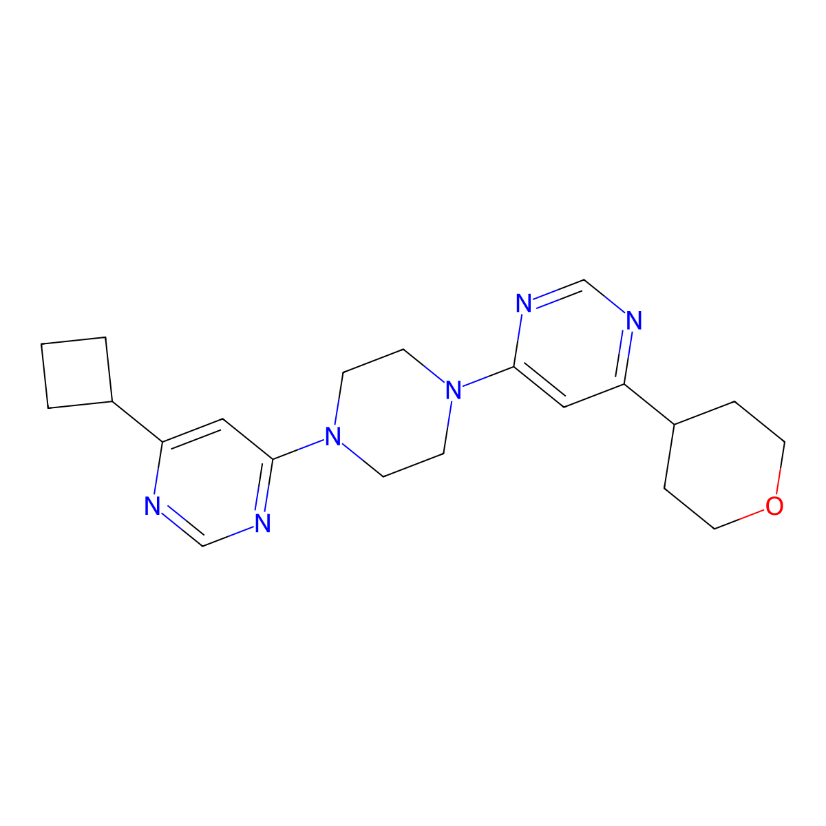 4-Cyclobutyl-6-{4-[6-(oxan-4-yl)pyrimidin-4-yl]piperazin-1-yl}pyrimidine molecular structure, CAS 2741929-46-2
