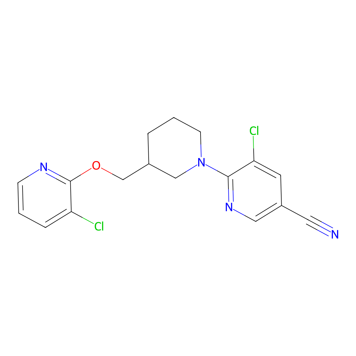 5-Chloro-6-(3-{[(3-chloropyridin-2-yl)oxy]methyl}piperidin-1-yl)pyridine-3-carbonitrile molecular structure, CAS 2741929-52-0