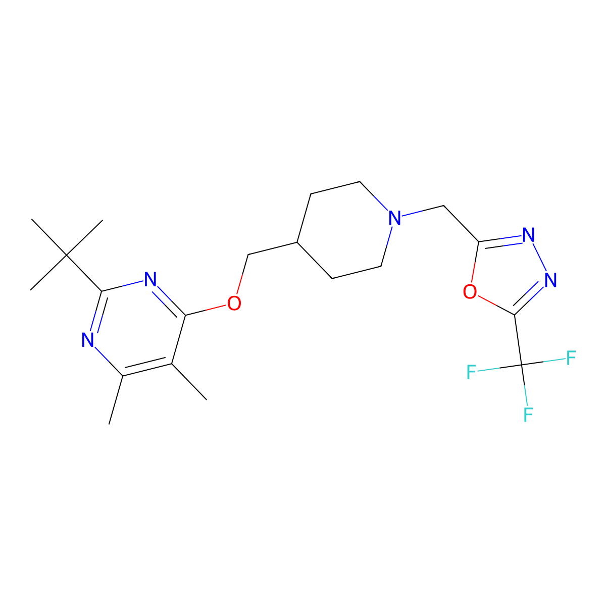 2-Tert-butyl-4,5-dimethyl-6-[(1-{[5-(trifluoromethyl)-1,3,4-oxadiazol-2-yl]methyl}piperidin-4-yl)methoxy]pyrimidine molecular structure, CAS 2741929-55-3