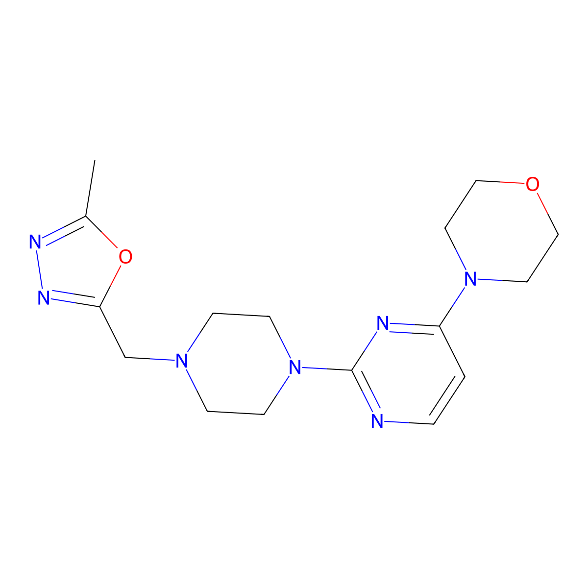 4-(2-{4-[(5-Methyl-1,3,4-oxadiazol-2-yl)methyl]piperazin-1-yl}pyrimidin-4-yl)morpholine molecular structure, CAS 2741929-56-4
