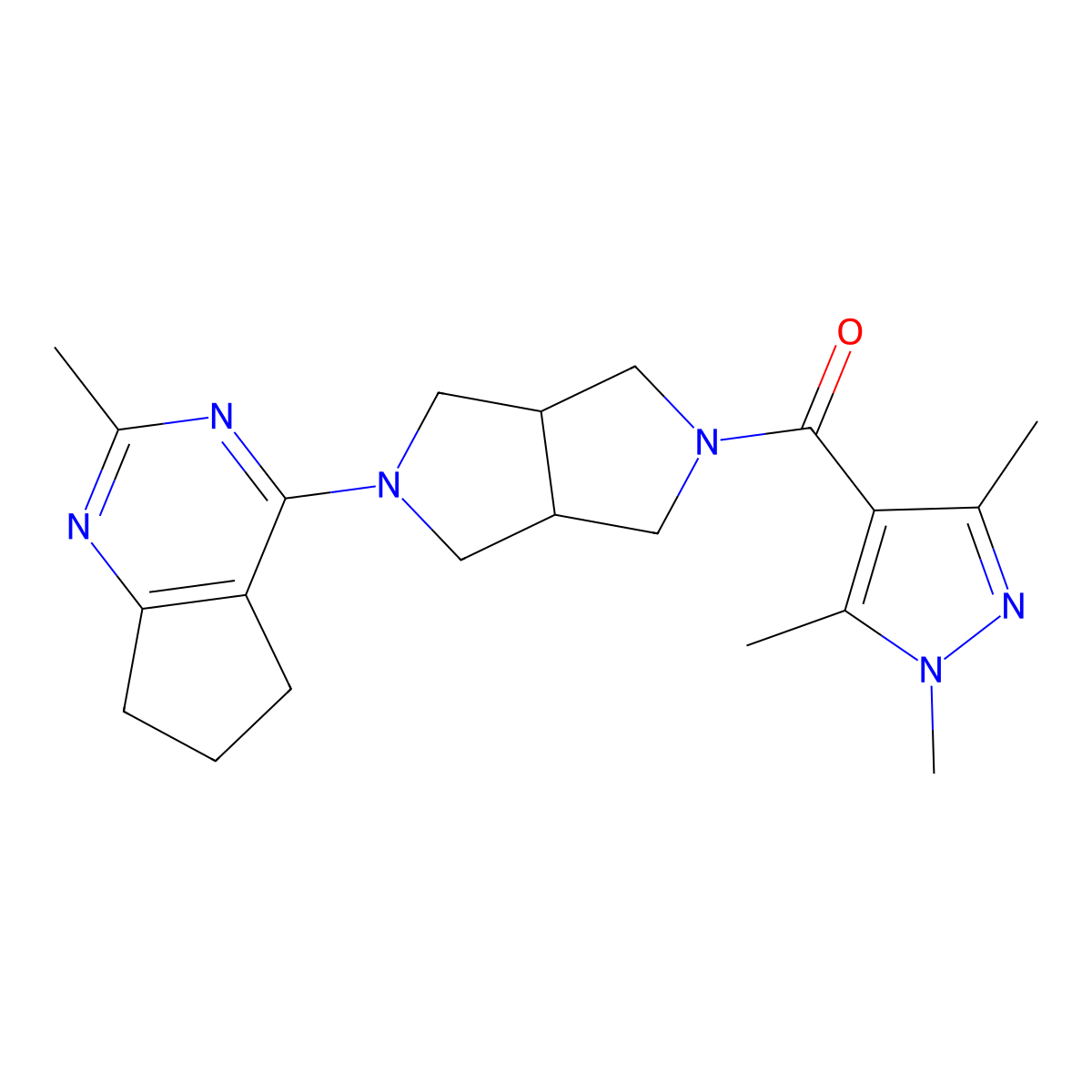 1,3,5-trimethyl-4-(5-{2-methyl-5H,6H,7H-cyclopenta[d]pyrimidin-4-yl}-octahydropyrrolo[3,4-c]pyrrole-2-carbonyl)-1H-pyrazole molecular structure, CAS 2741929-60-0