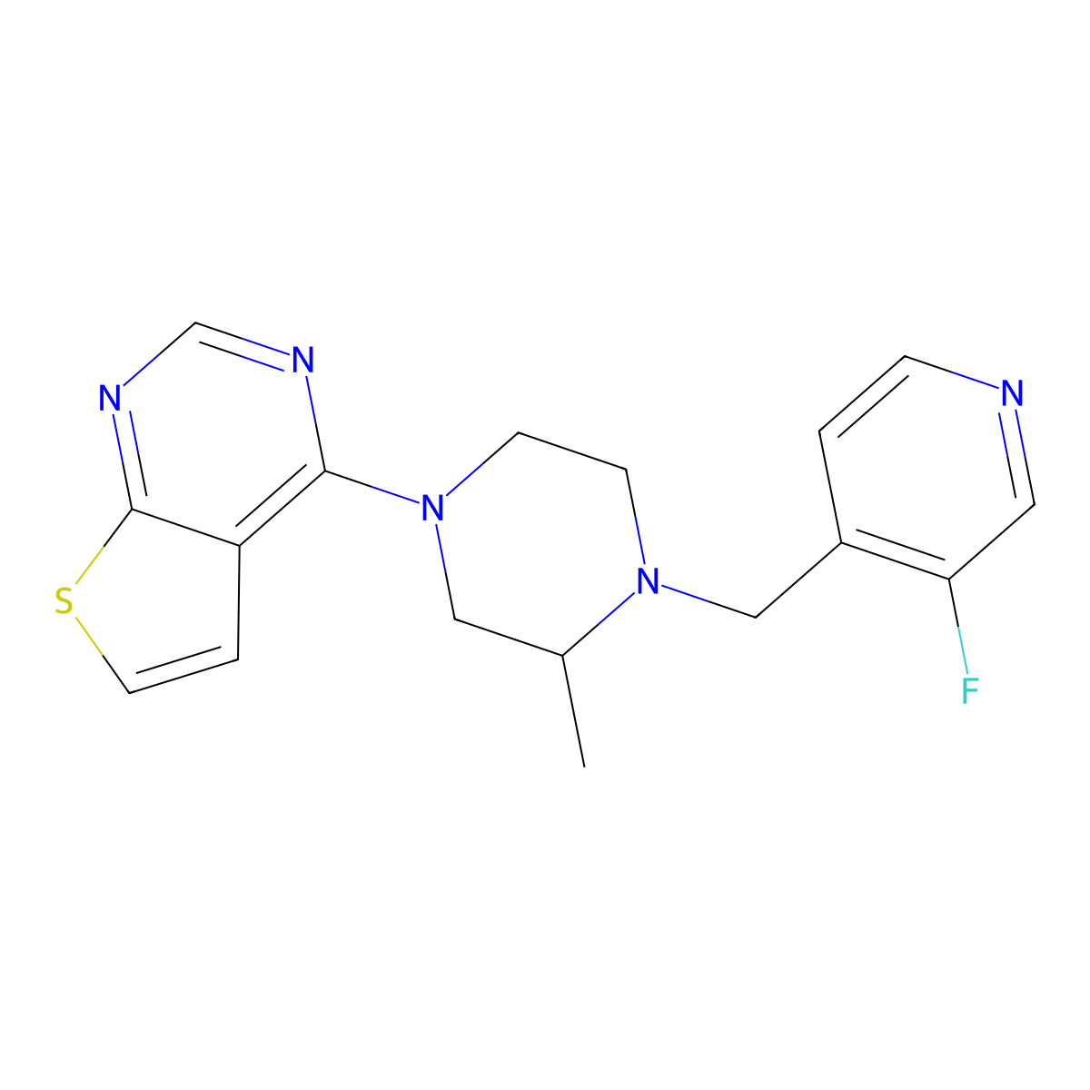 1-[(3-Fluoropyridin-4-yl)methyl]-2-methyl-4-{thieno[2,3-d]pyrimidin-4-yl}piperazine molecular structure, CAS 2741929-85-9