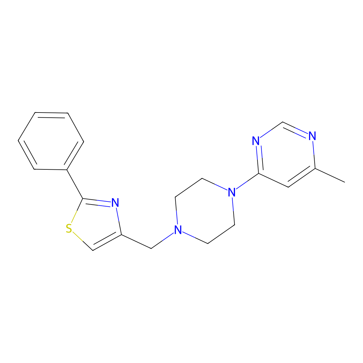 4-Methyl-6-{4-[(2-phenyl-1,3-thiazol-4-yl)methyl]piperazin-1-yl}pyrimidine molecular structure, CAS 2741929-86-0
