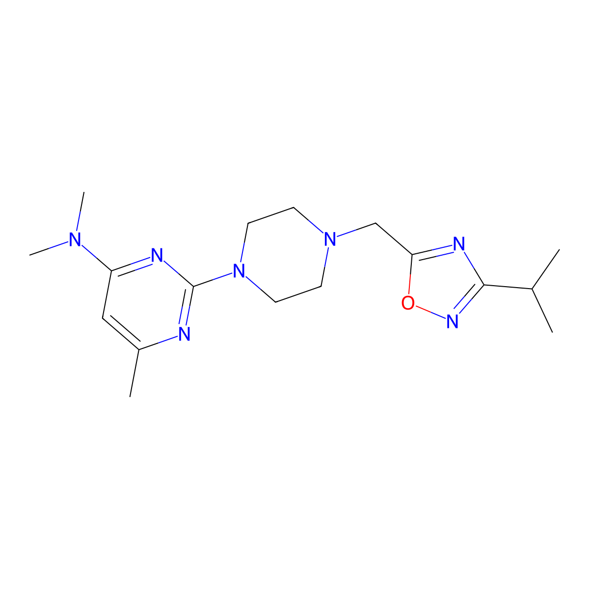 N,N,6-trimethyl-2-(4-{[3-(propan-2-yl)-1,2,4-oxadiazol-5-yl]methyl}piperazin-1-yl)pyrimidin-4-amine molecular structure, CAS 2741929-88-2