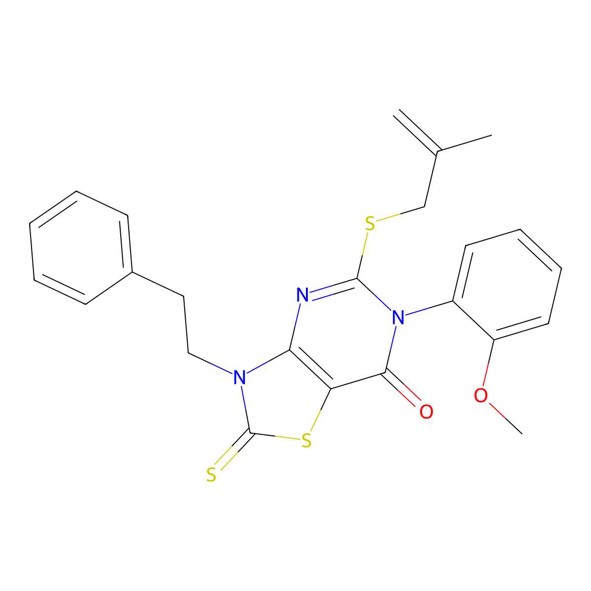 6-(2-methoxyphenyl)-5-[(2-methylprop-2-en-1-yl)sulfanyl]-3-(2-phenylethyl)-2-sulfanylidene-2H,3H,6H,7H-[1,3]thiazolo[4,5-d]pyrimidin-7-one molecular structure, CAS 2741929-90-6