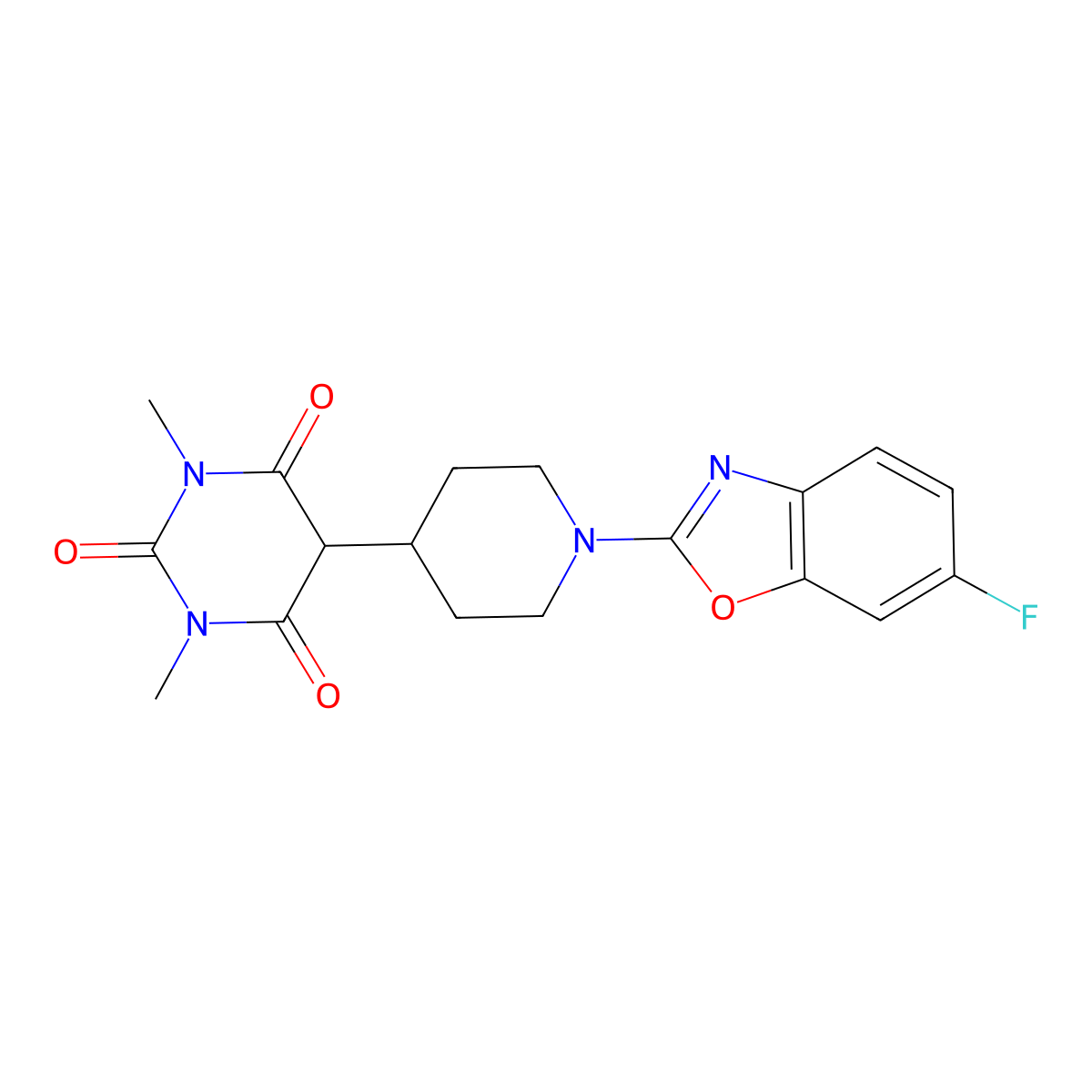 5-[1-(6-Fluoro-1,3-benzoxazol-2-yl)piperidin-4-yl]-1,3-dimethyl-1,3-diazinane-2,4,6-trione molecular structure, CAS 2741929-92-8
