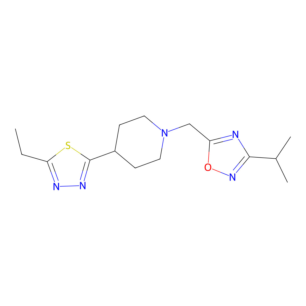 4-(5-Ethyl-1,3,4-thiadiazol-2-yl)-1-{[3-(propan-2-yl)-1,2,4-oxadiazol-5-yl]methyl}piperidine molecular structure, CAS 2741929-99-5