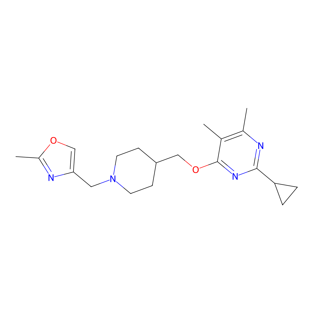 2-Cyclopropyl-4,5-dimethyl-6-({1-[(2-methyl-1,3-oxazol-4-yl)methyl]piperidin-4-yl}methoxy)pyrimidine molecular structure, CAS 2741930-06-1