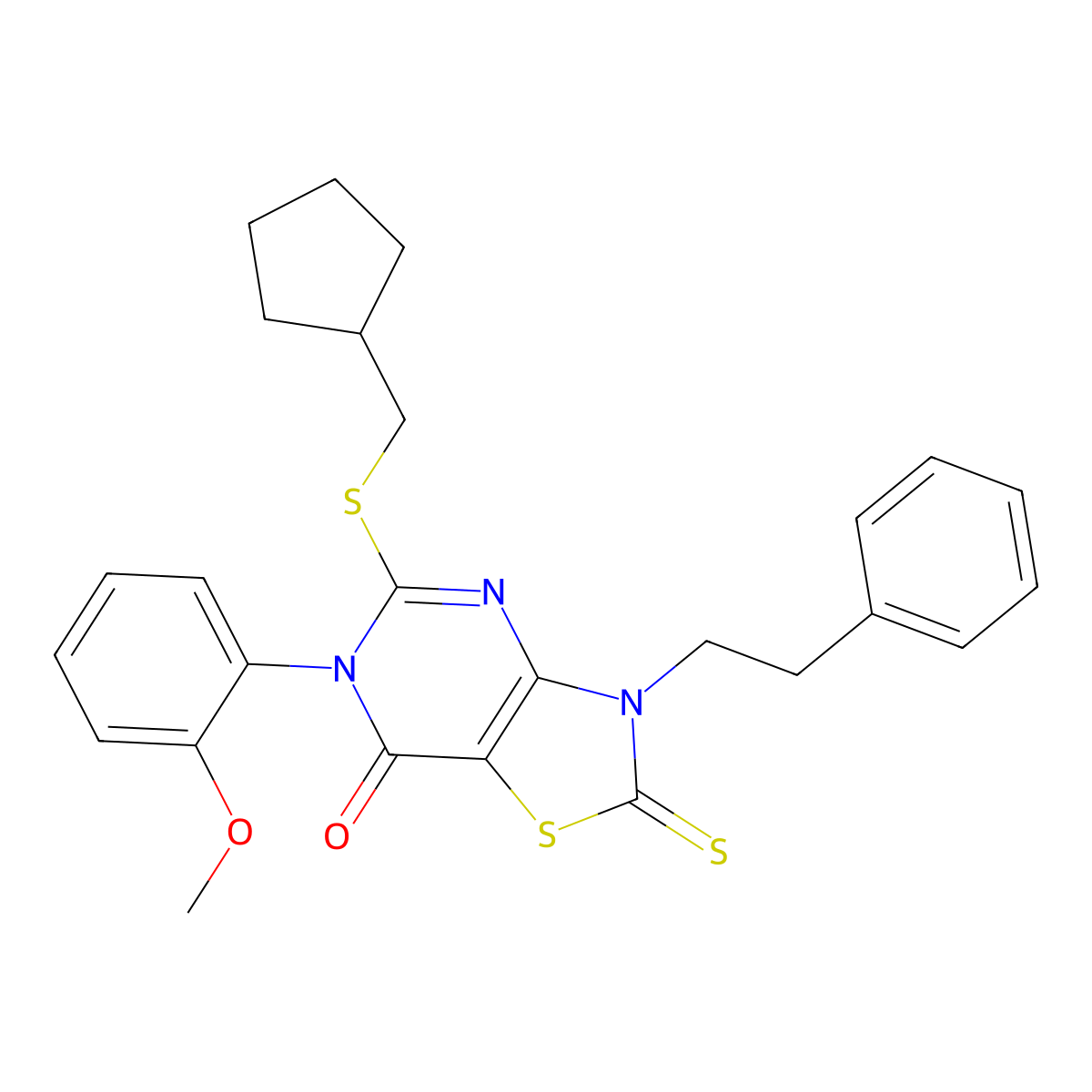 5-[(cyclopentylmethyl)sulfanyl]-6-(2-methoxyphenyl)-3-(2-phenylethyl)-2-sulfanylidene-2H,3H,6H,7H-[1,3]thiazolo[4,5-d]pyrimidin-7-one molecular structure, CAS 2741930-12-9