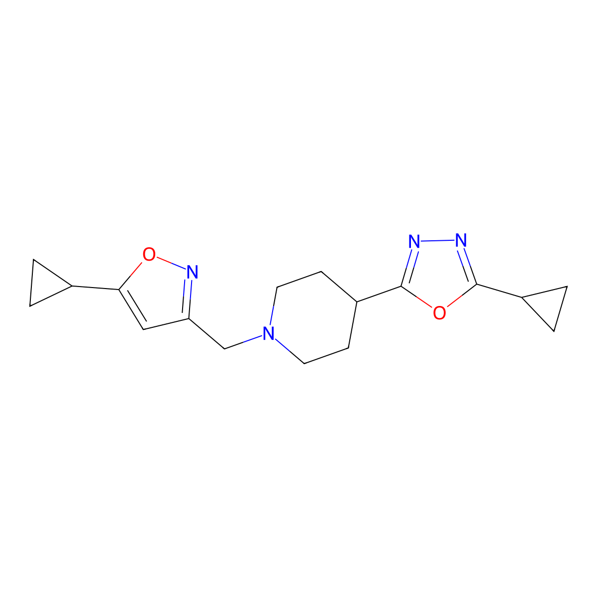 1-[(5-Cyclopropyl-1,2-oxazol-3-yl)methyl]-4-(5-cyclopropyl-1,3,4-oxadiazol-2-yl)piperidine molecular structure, CAS 2741930-14-1