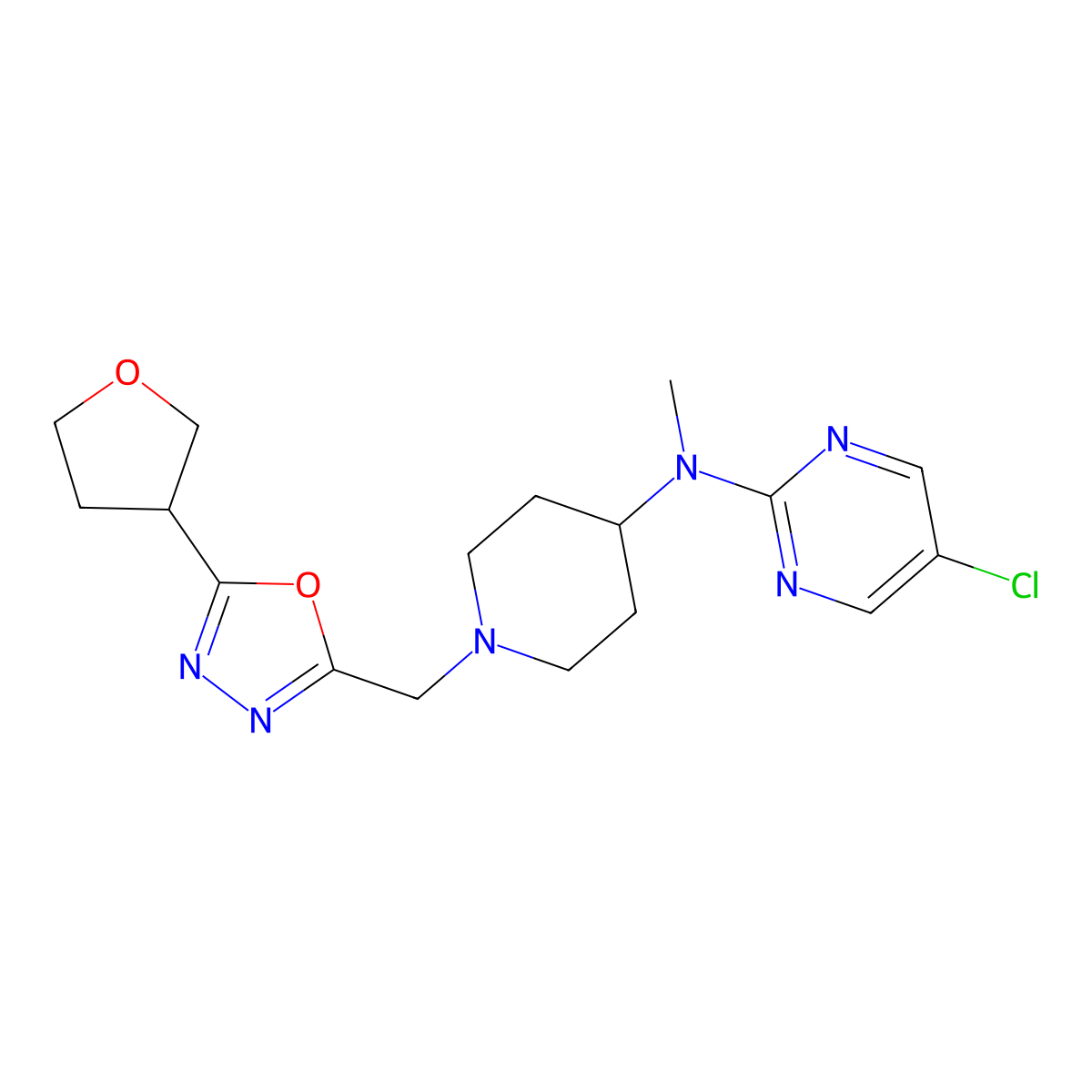 5-chloro-N-methyl-N-(1-{[5-(oxolan-3-yl)-1,3,4-oxadiazol-2-yl]methyl}piperidin-4-yl)pyrimidin-2-amine molecular structure, CAS 2741930-17-4