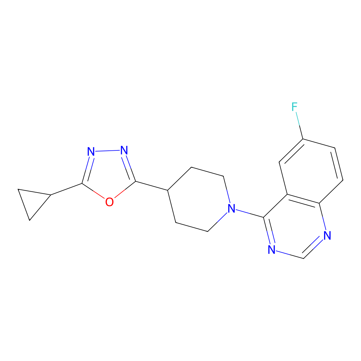 4-[4-(5-Cyclopropyl-1,3,4-oxadiazol-2-yl)piperidin-1-yl]-6-fluoroquinazoline molecular structure, CAS 2741930-22-1