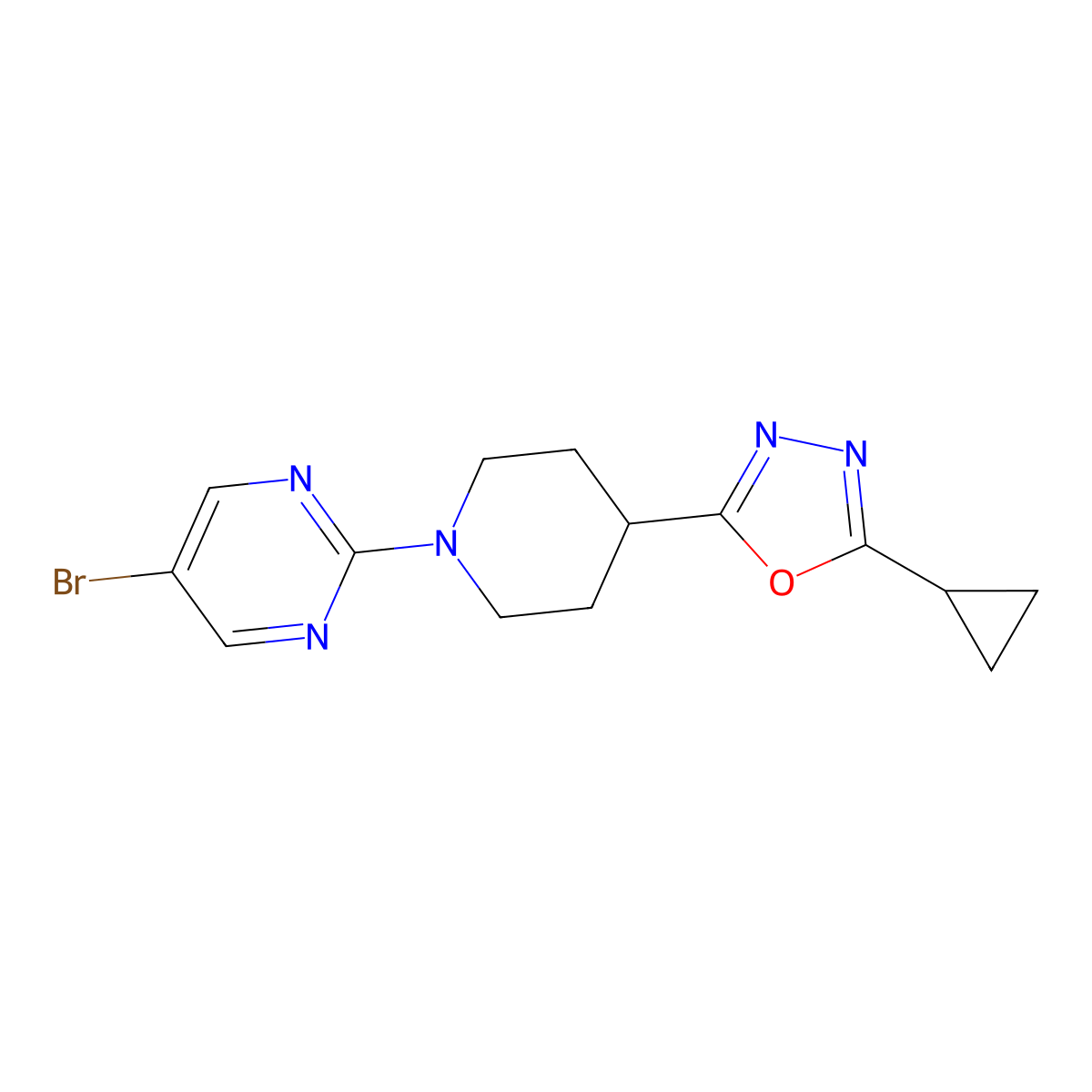 5-Bromo-2-[4-(5-cyclopropyl-1,3,4-oxadiazol-2-yl)piperidin-1-yl]pyrimidine molecular structure, CAS 2741930-23-2