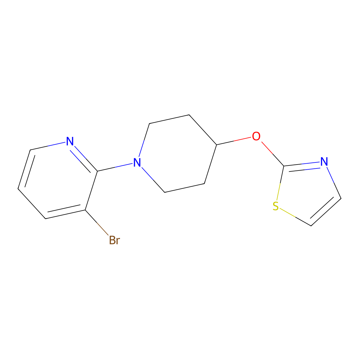 3-Bromo-2-[4-(1,3-thiazol-2-yloxy)piperidin-1-yl]pyridine molecular structure, CAS 2741930-27-6