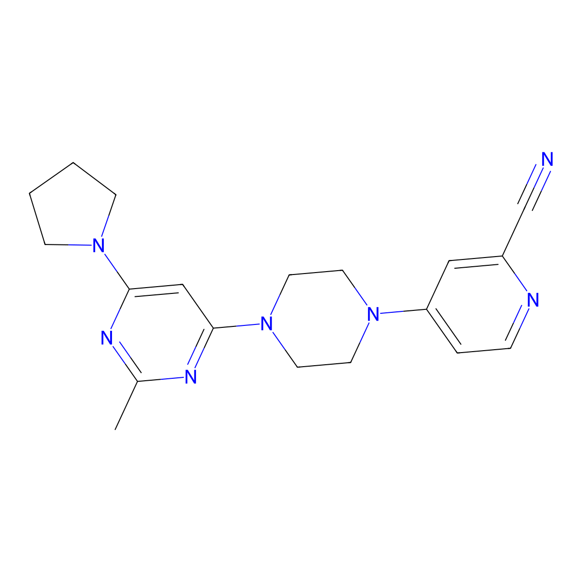 4-{4-[2-Methyl-6-(pyrrolidin-1-yl)pyrimidin-4-yl]piperazin-1-yl}pyridine-2-carbonitrile molecular structure, CAS 2741930-28-7