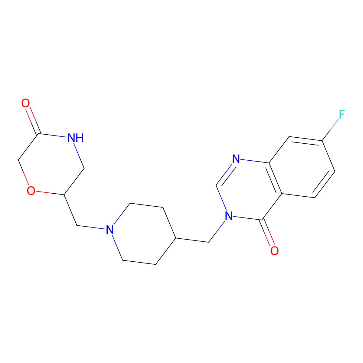 7-Fluoro-3-({1-[(5-oxomorpholin-2-yl)methyl]piperidin-4-yl}methyl)-3,4-dihydroquinazolin-4-one molecular structure, CAS 2741930-31-2
