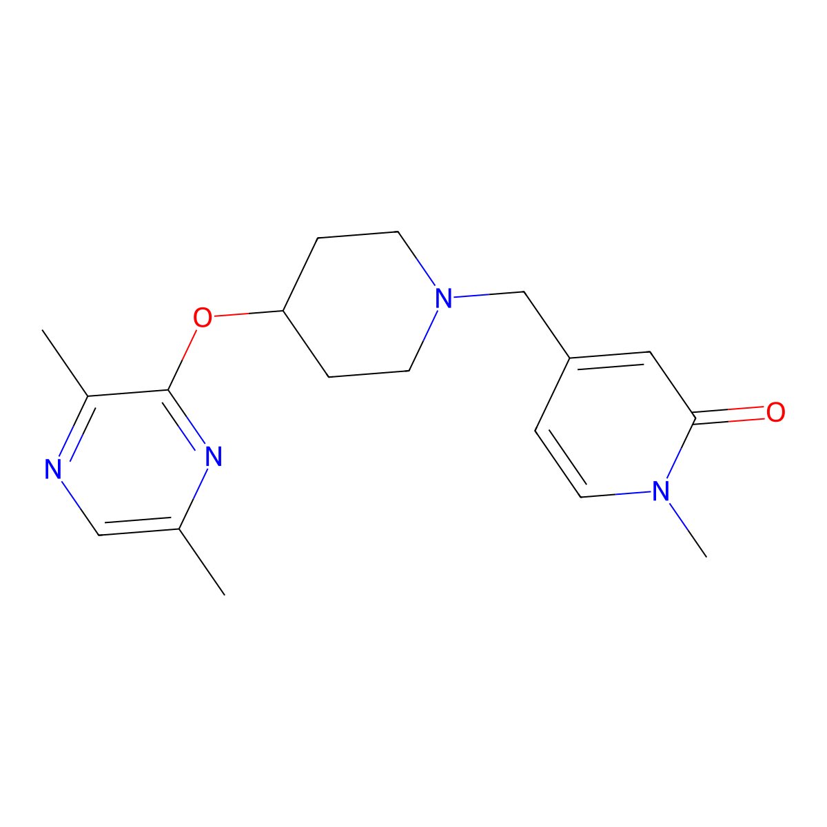 4-({4-[(3,6-Dimethylpyrazin-2-yl)oxy]piperidin-1-yl}methyl)-1-methyl-1,2-dihydropyridin-2-one molecular structure, CAS 2741930-32-3