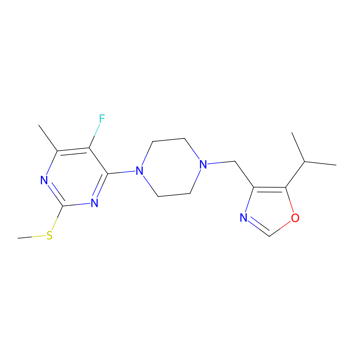 5-Fluoro-4-methyl-2-(methylsulfanyl)-6-(4-{[5-(propan-2-yl)-1,3-oxazol-4-yl]methyl}piperazin-1-yl)pyrimidine molecular structure, CAS 2741930-37-8