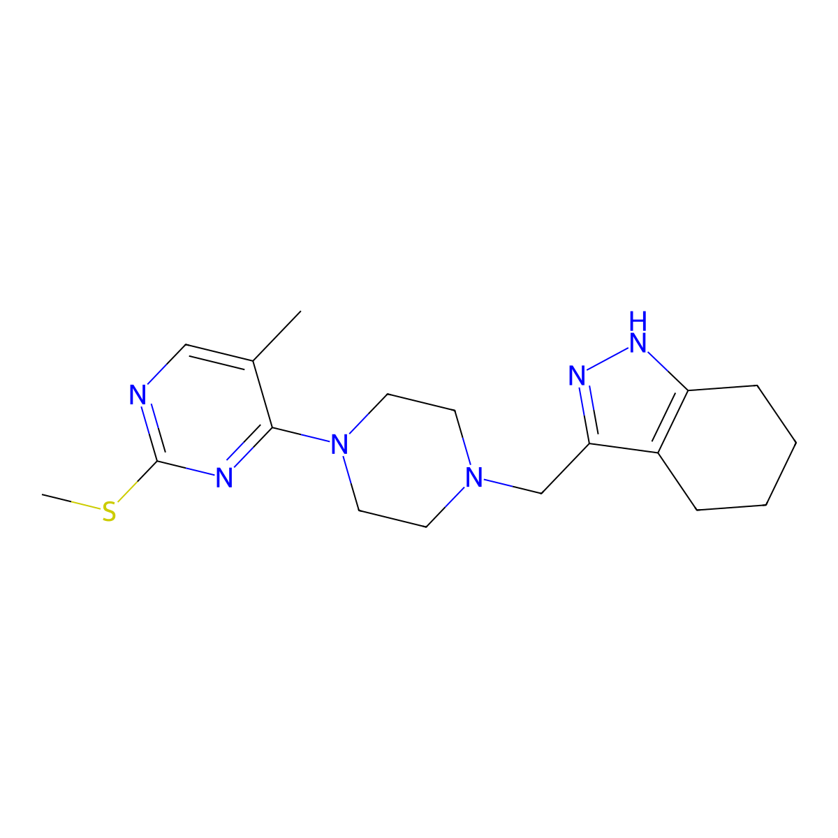 3-({4-[5-methyl-2-(methylsulfanyl)pyrimidin-4-yl]piperazin-1-yl}methyl)-4,5,6,7-tetrahydro-1H-indazole molecular structure, CAS 2741930-39-0