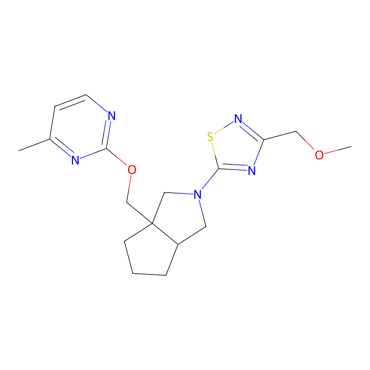 2-({2-[3-(Methoxymethyl)-1,2,4-thiadiazol-5-yl]-octahydrocyclopenta[c]pyrrol-3a-yl}methoxy)-4-methylpyrimidine molecular structure, CAS 2741930-47-0