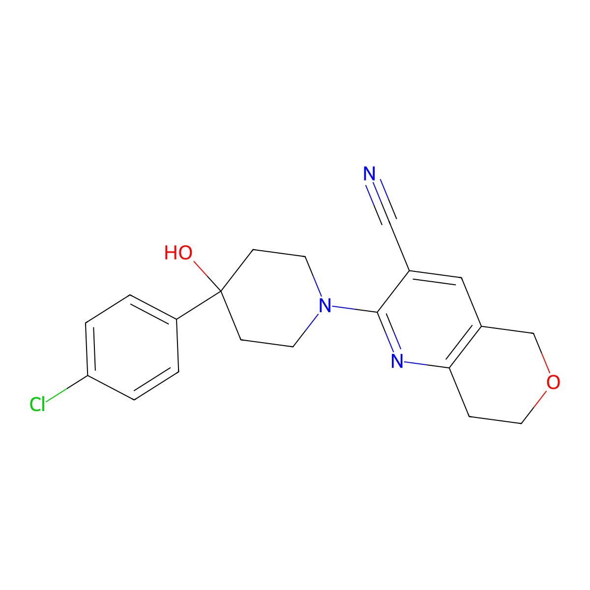 2-[4-(4-chlorophenyl)-4-hydroxypiperidin-1-yl]-5H,7H,8H-pyrano[4,3-b]pyridine-3-carbonitrile molecular structure, CAS 2741930-52-7