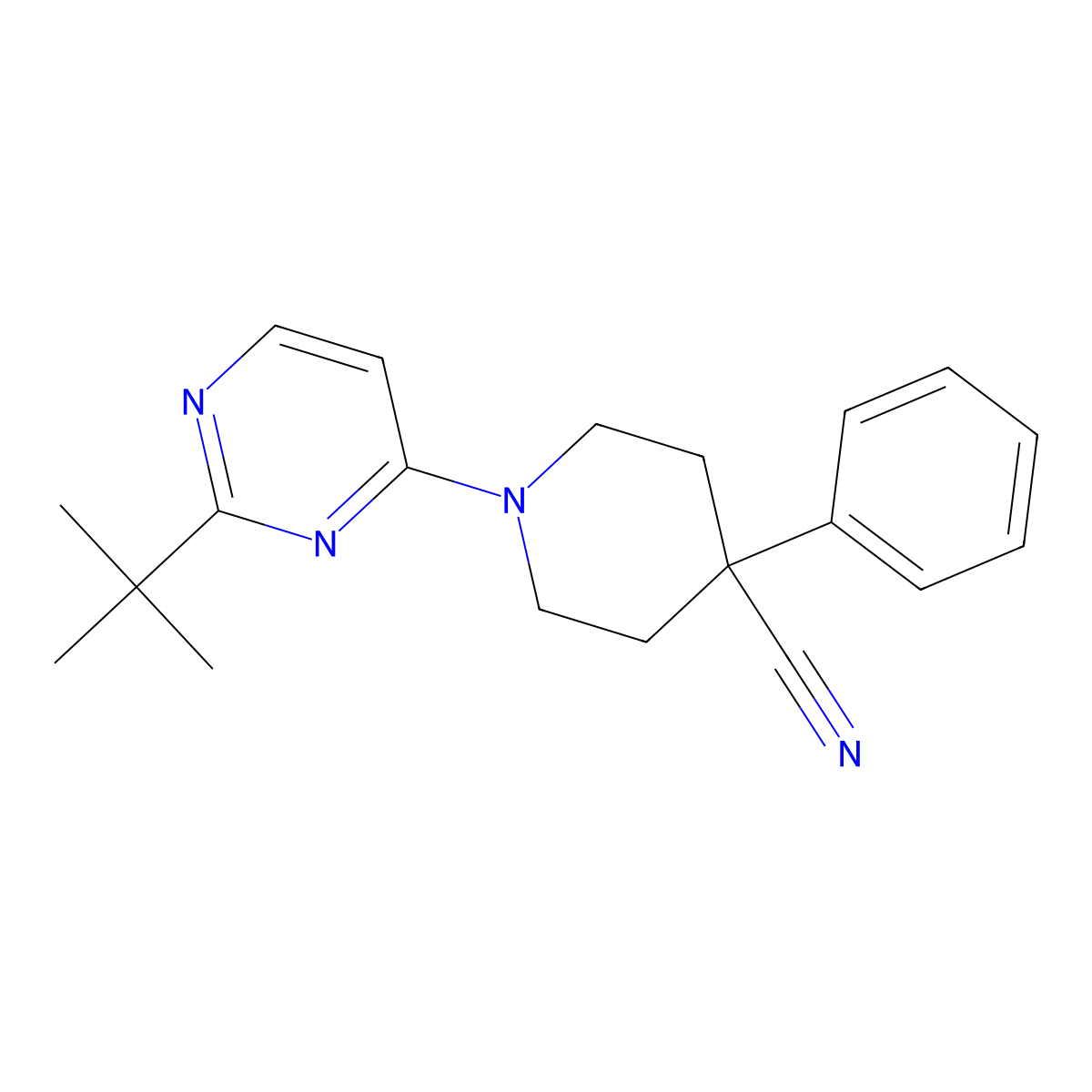 1-(2-Tert-butylpyrimidin-4-yl)-4-phenylpiperidine-4-carbonitrile molecular structure, CAS 2741930-55-0