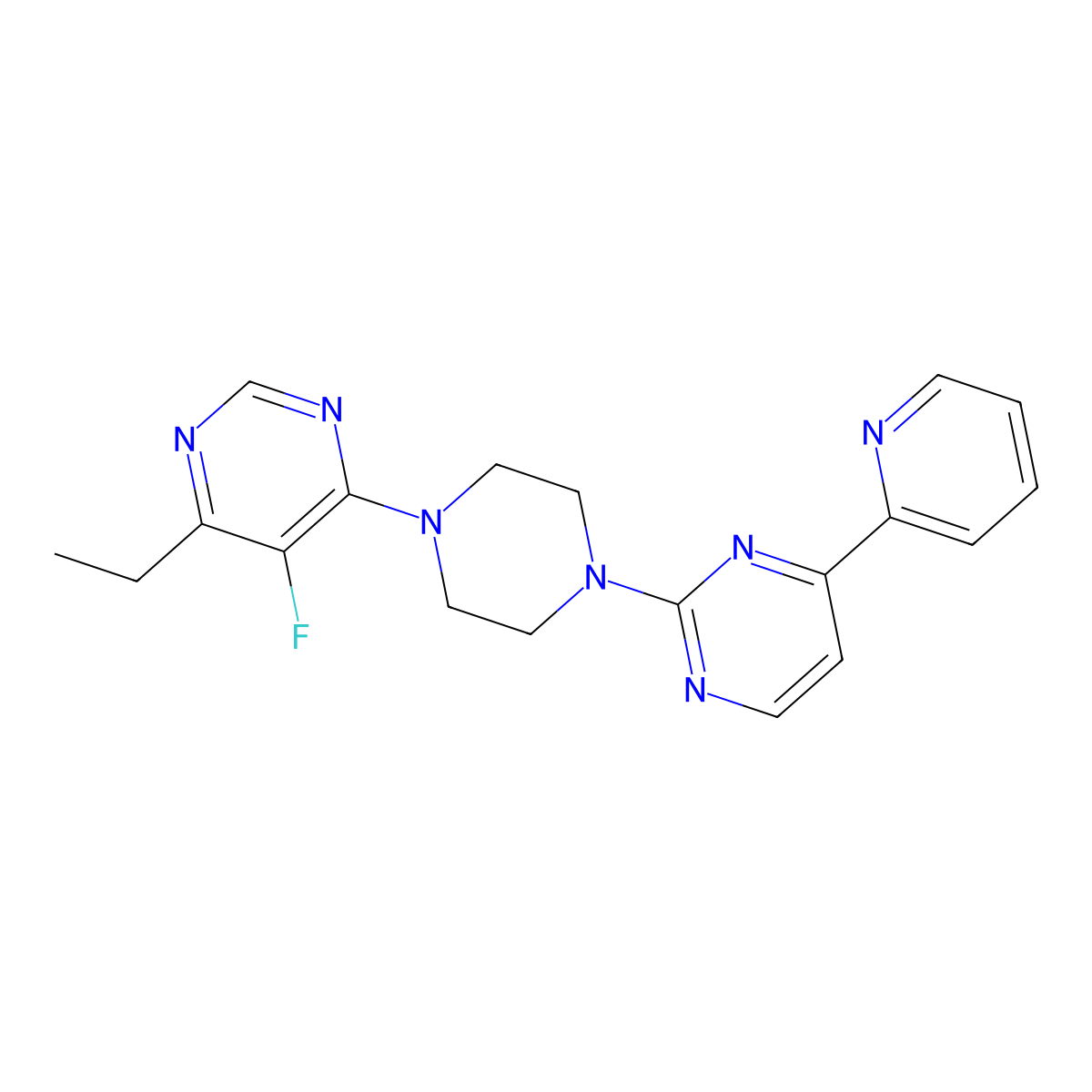 4-Ethyl-5-fluoro-6-{4-[4-(pyridin-2-yl)pyrimidin-2-yl]piperazin-1-yl}pyrimidine molecular structure, CAS 2741930-80-1