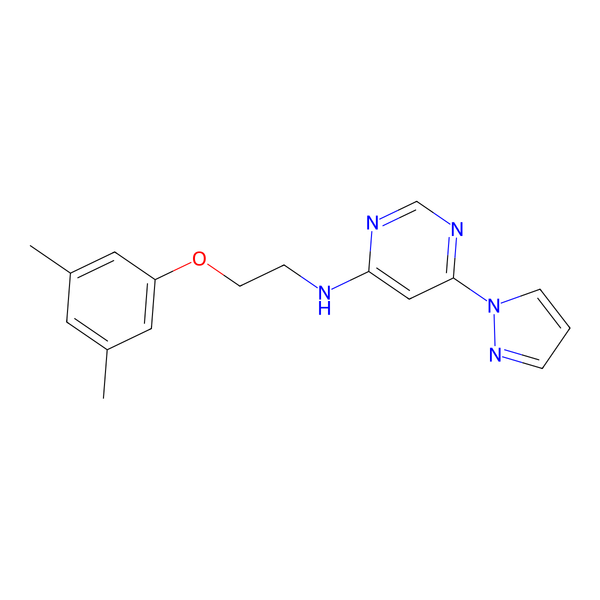N-[2-(3,5-dimethylphenoxy)ethyl]-6-(1H-pyrazol-1-yl)pyrimidin-4-amine molecular structure, CAS 2741930-86-7
