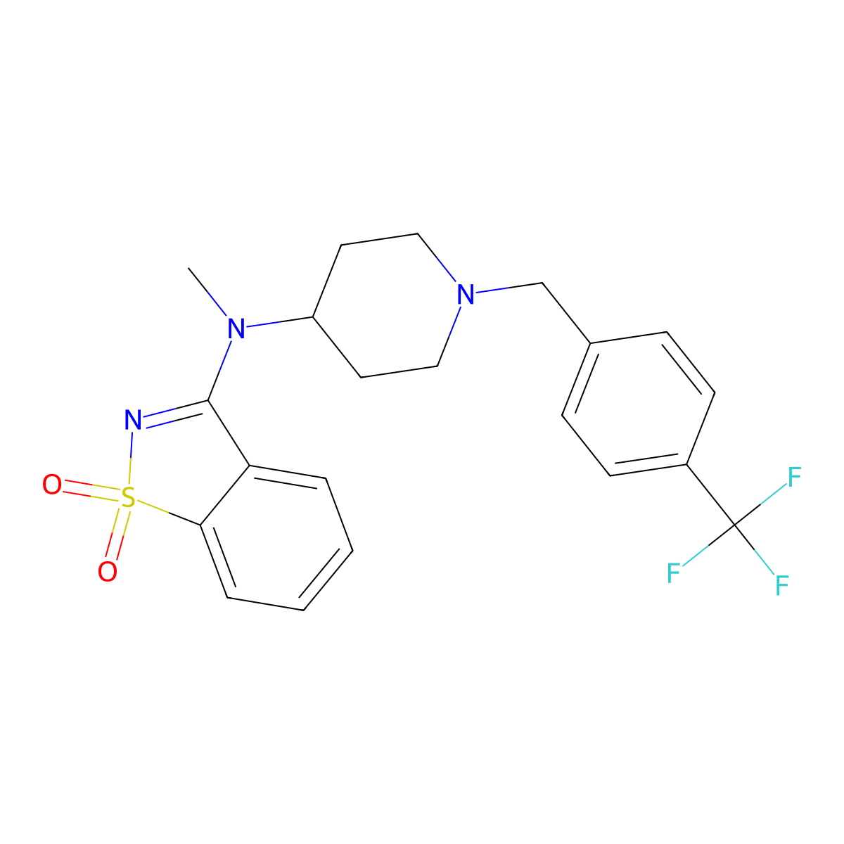 N-methyl-1,1-dioxo-N-[1-[[4-(trifluoromethyl)phenyl]methyl]piperidin-4-yl]-1,2-benzothiazol-3-amine molecular structure, CAS 2741930-90-3