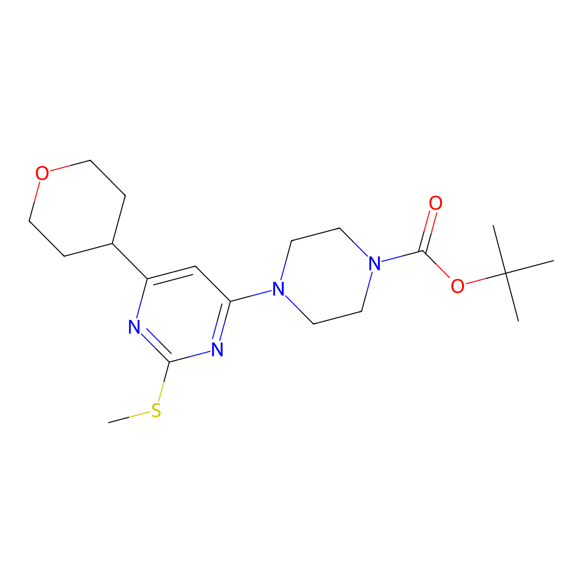 Tert-butyl 4-[2-(methylsulfanyl)-6-(oxan-4-yl)pyrimidin-4-yl]piperazine-1-carboxylate molecular structure, CAS 2741930-92-5