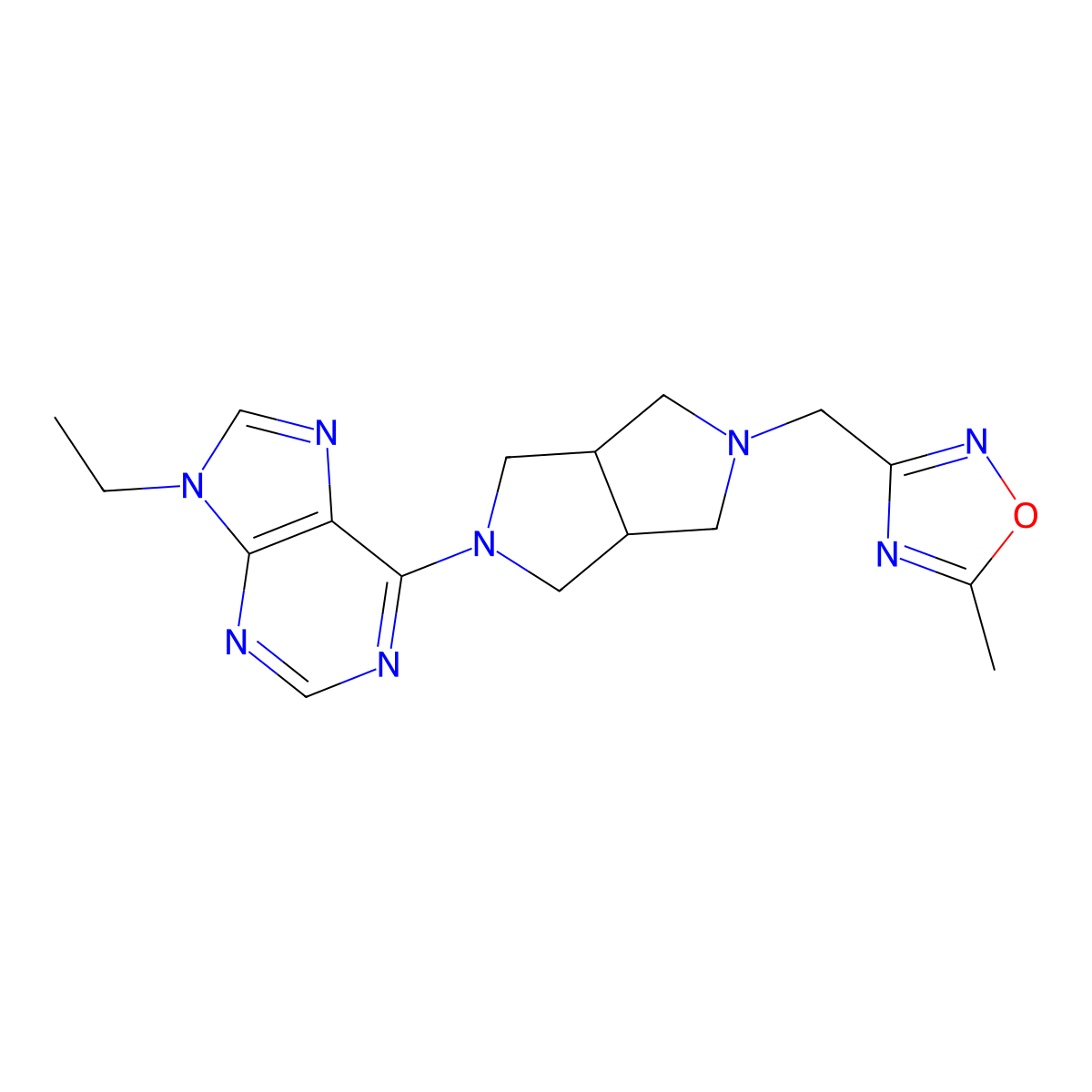 9-ethyl-6-{5-[(5-methyl-1,2,4-oxadiazol-3-yl)methyl]-octahydropyrrolo[3,4-c]pyrrol-2-yl}-9H-purine molecular structure, CAS 2741930-97-0