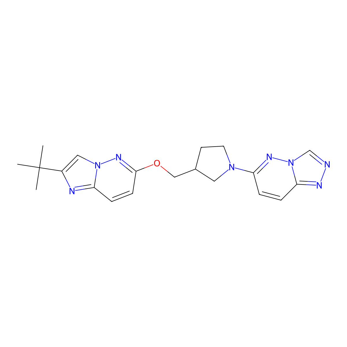 3-[({2-Tert-butylimidazo[1,2-b]pyridazin-6-yl}oxy)methyl]-1-{[1,2,4]triazolo[4,3-b]pyridazin-6-yl}pyrrolidine molecular structure, CAS 2741930-99-2