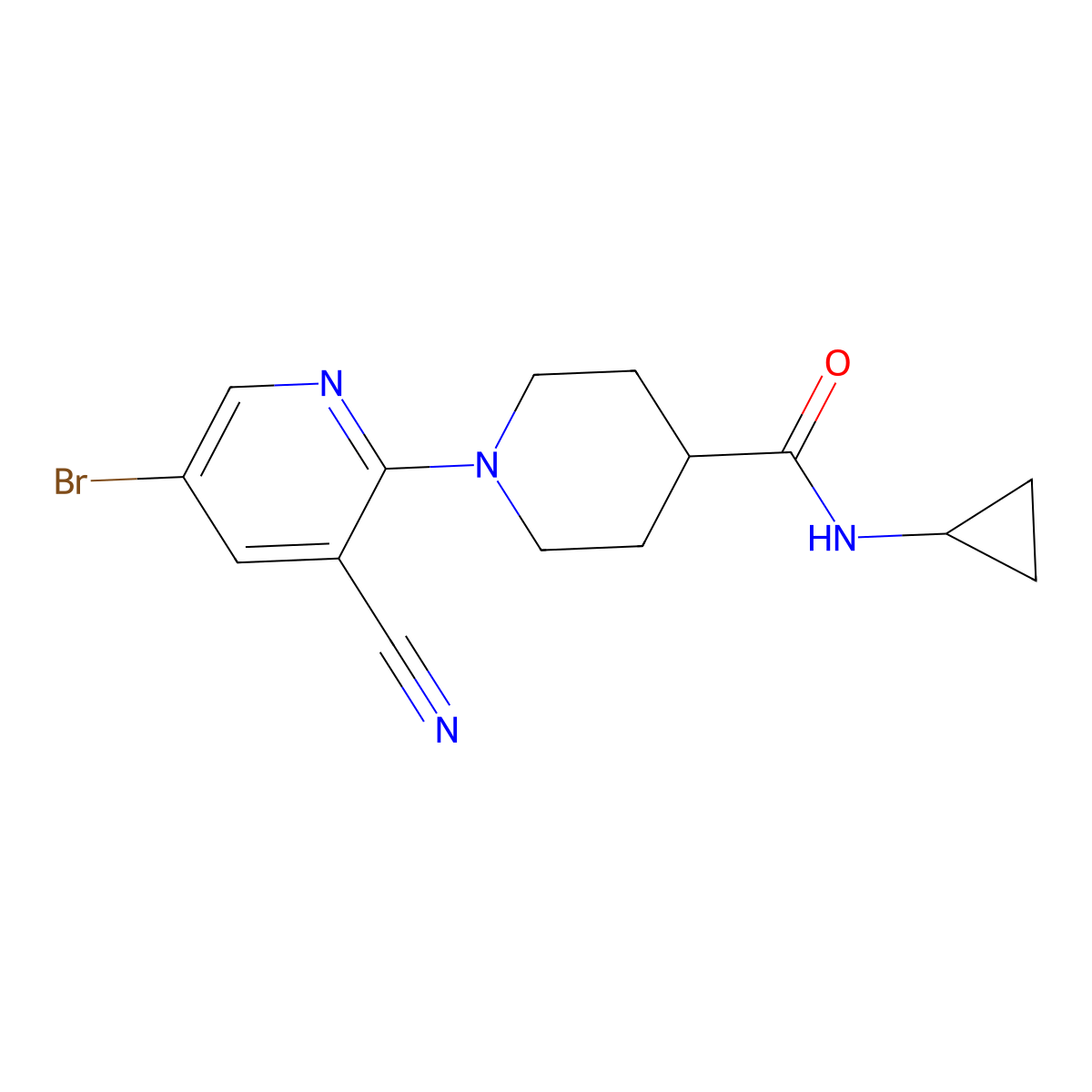 1-(5-bromo-3-cyanopyridin-2-yl)-N-cyclopropylpiperidine-4-carboxamide molecular structure, CAS 2741931-00-8