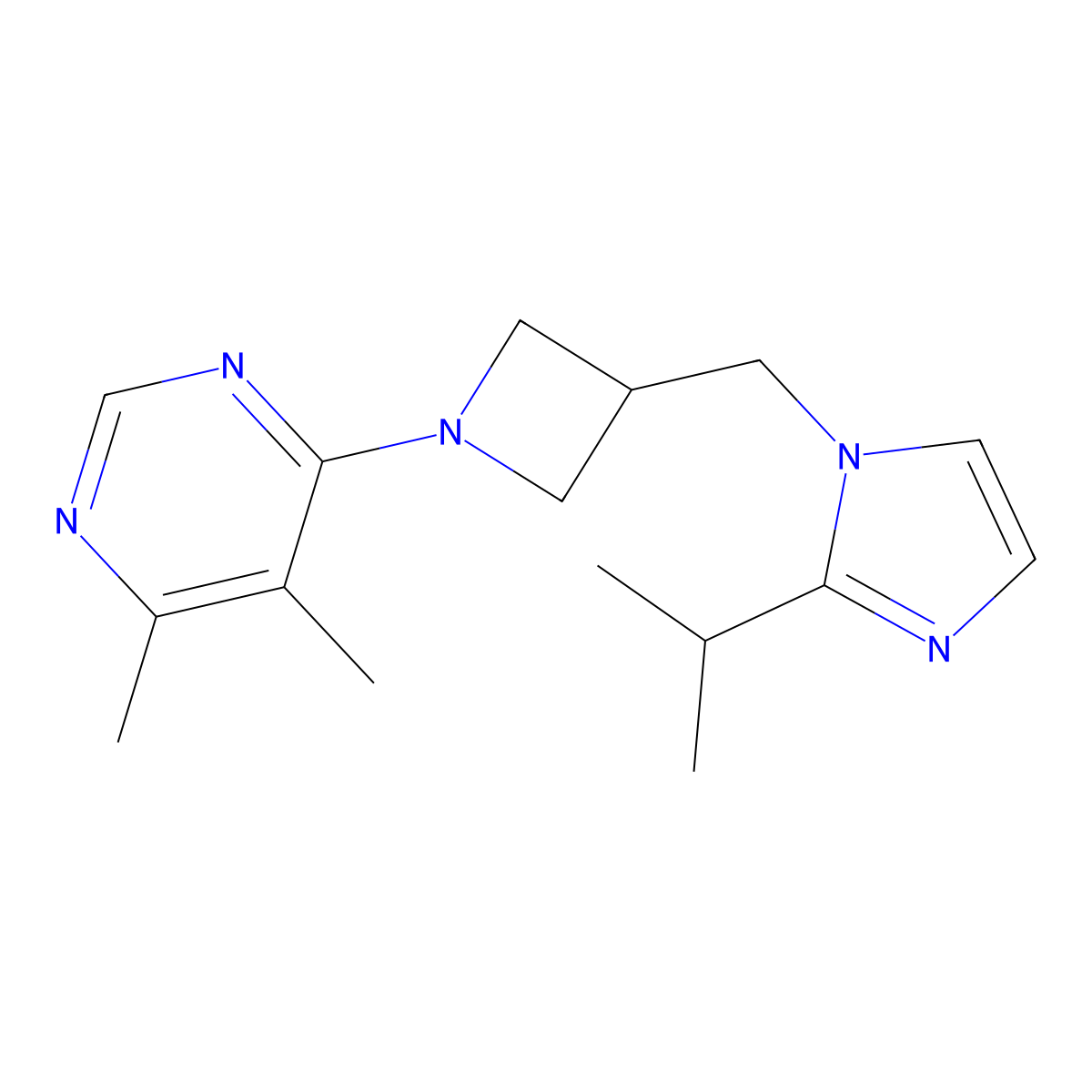 4,5-dimethyl-6-(3-{[2-(propan-2-yl)-1H-imidazol-1-yl]methyl}azetidin-1-yl)pyrimidine molecular structure, CAS 2741931-20-2