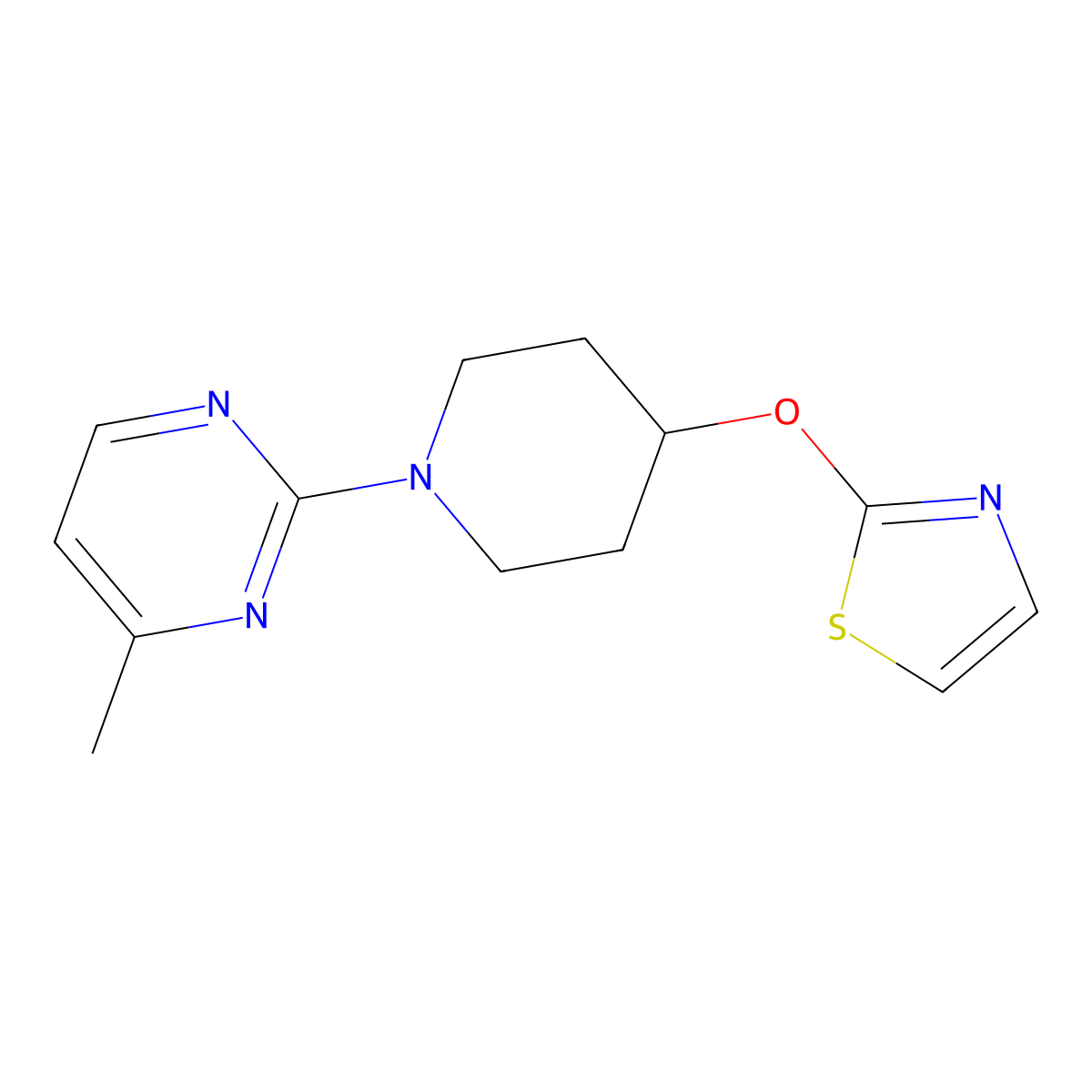 4-Methyl-2-[4-(1,3-thiazol-2-yloxy)piperidin-1-yl]pyrimidine molecular structure, CAS 2741931-28-0