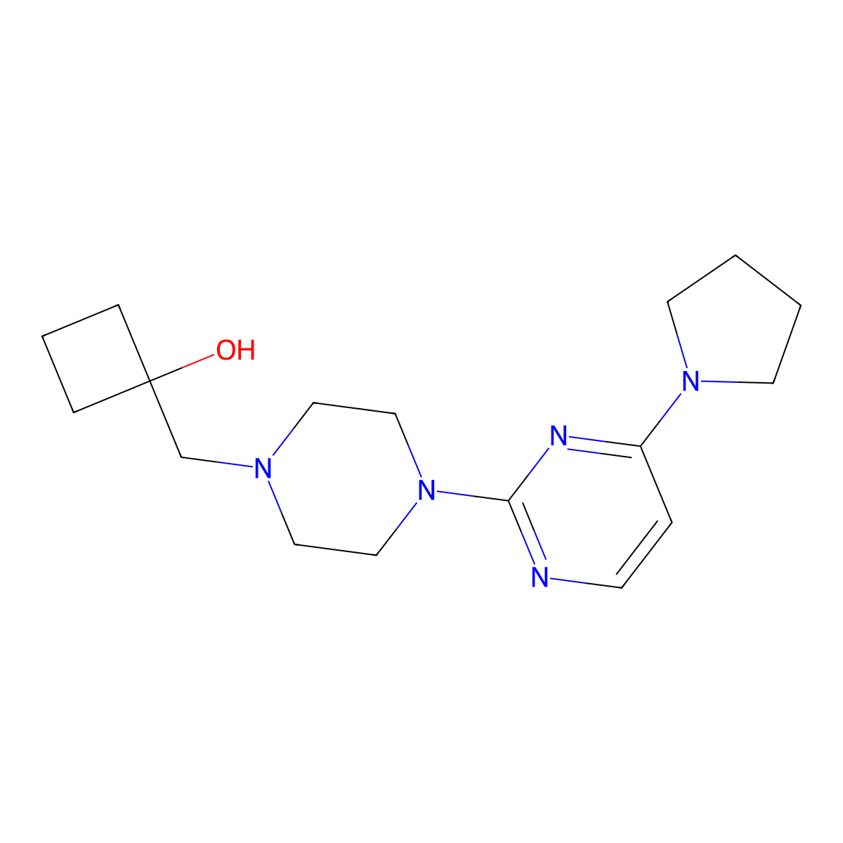 1-({4-[4-(Pyrrolidin-1-yl)pyrimidin-2-yl]piperazin-1-yl}methyl)cyclobutan-1-ol molecular structure, CAS 2741931-32-6