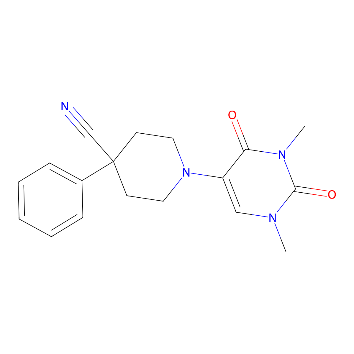 1-(1,3-Dimethyl-2,4-dioxo-1,2,3,4-tetrahydropyrimidin-5-yl)-4-phenylpiperidine-4-carbonitrile molecular structure, CAS 2741931-36-0