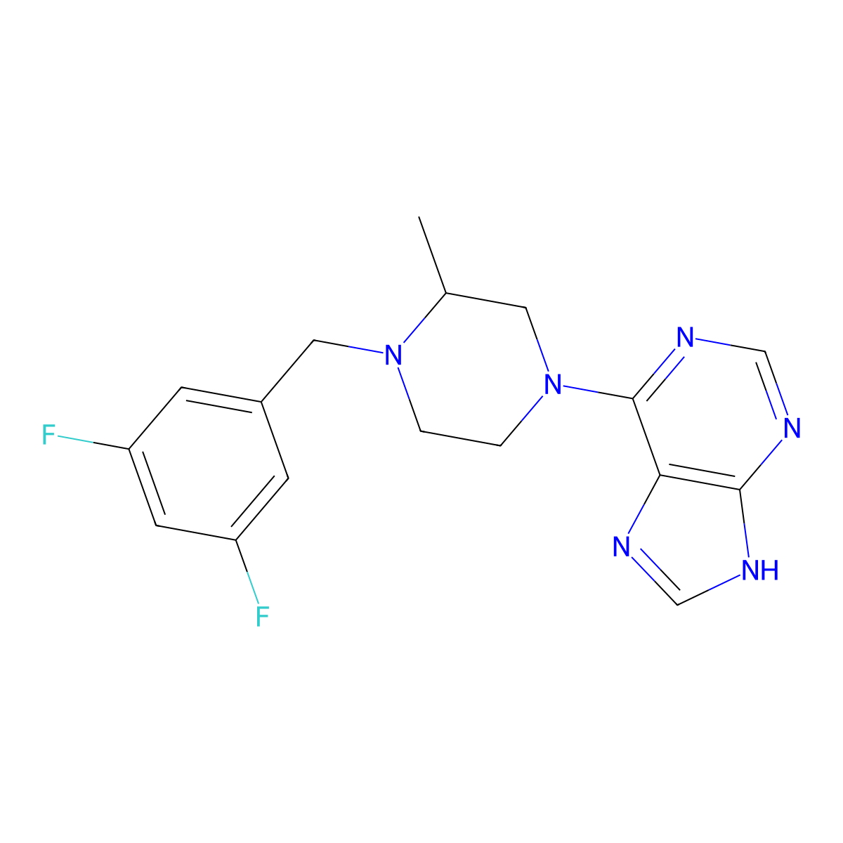 6-{4-[(3,5-difluorophenyl)methyl]-3-methylpiperazin-1-yl}-9H-purine molecular structure, CAS 2741931-50-8