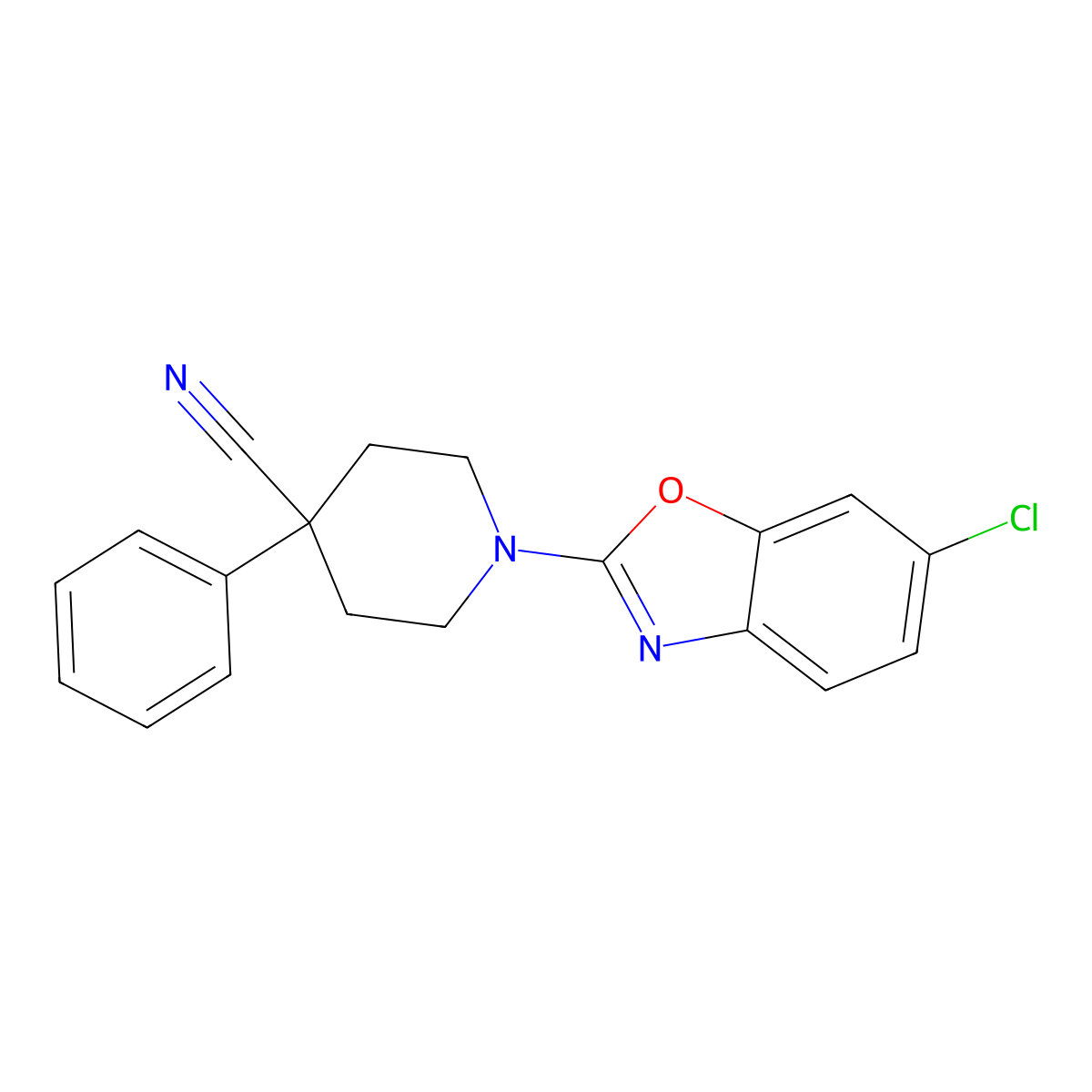 1-(6-Chloro-1,3-benzoxazol-2-yl)-4-phenylpiperidine-4-carbonitrile molecular structure, CAS 2741931-54-2