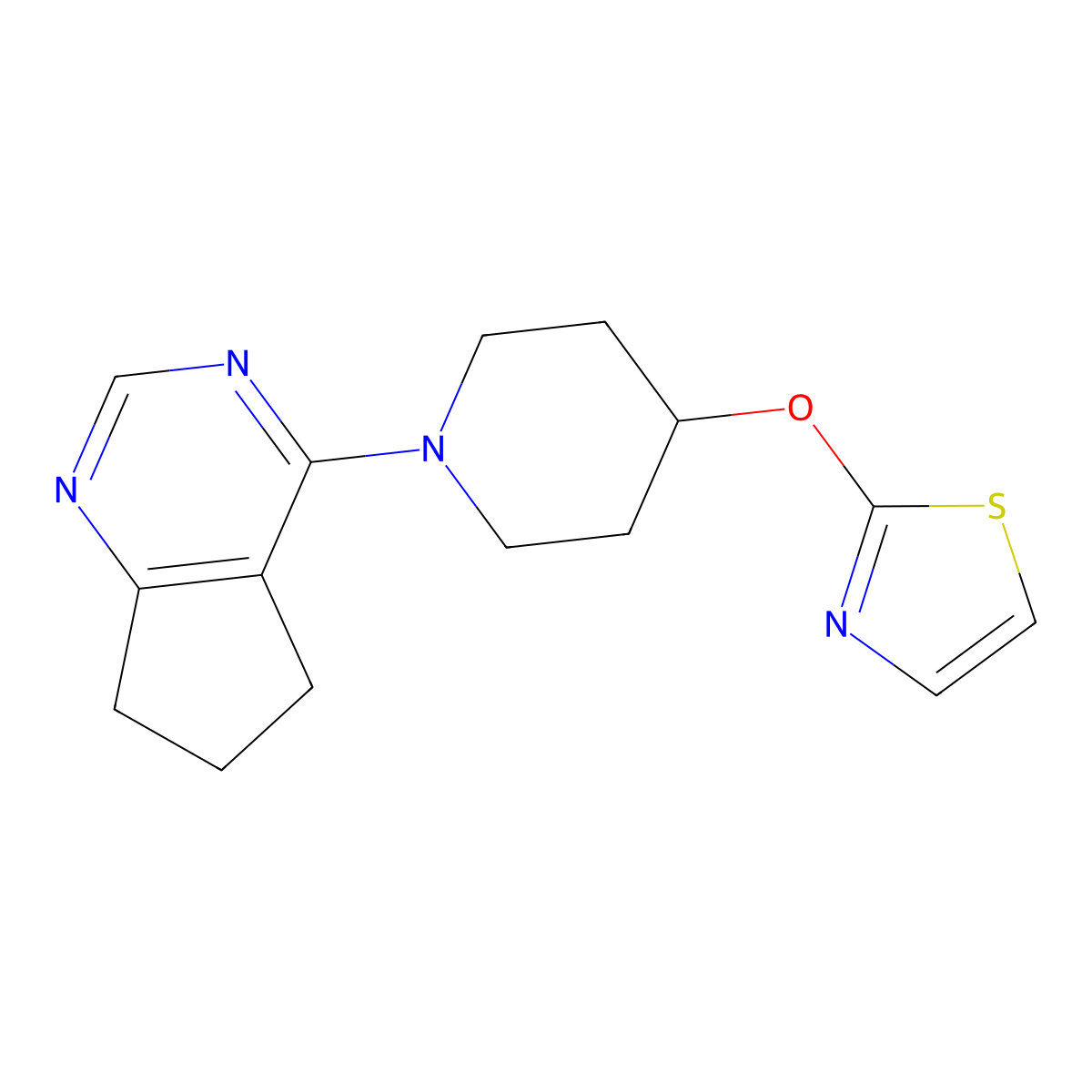 1-{5H,6H,7H-cyclopenta[d]pyrimidin-4-yl}-4-(1,3-thiazol-2-yloxy)piperidine molecular structure, CAS 2741931-55-3